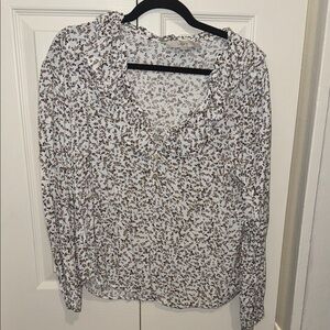 LOFT Women's Floral Ruffle Blouse - White and Brown